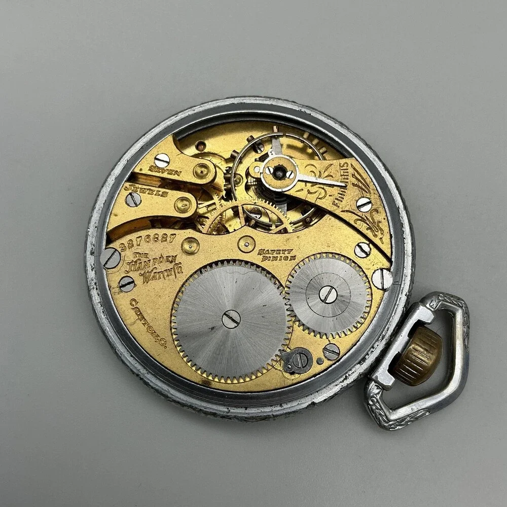 Vintage Hampden Pocket Watch Men 48mm Silver Tone Manual Wind 16S Not Running